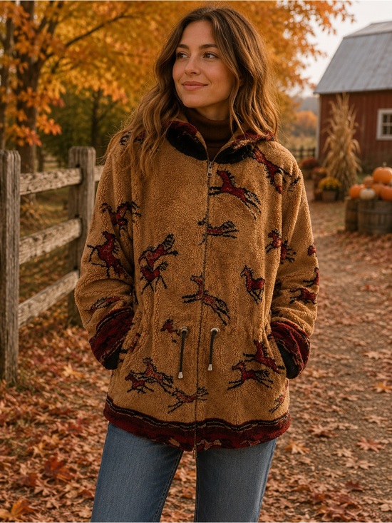 Vintage Jackets & Blazers - Vintage Plush Horse Print Hooded Fleece Jacket Western Equestrian